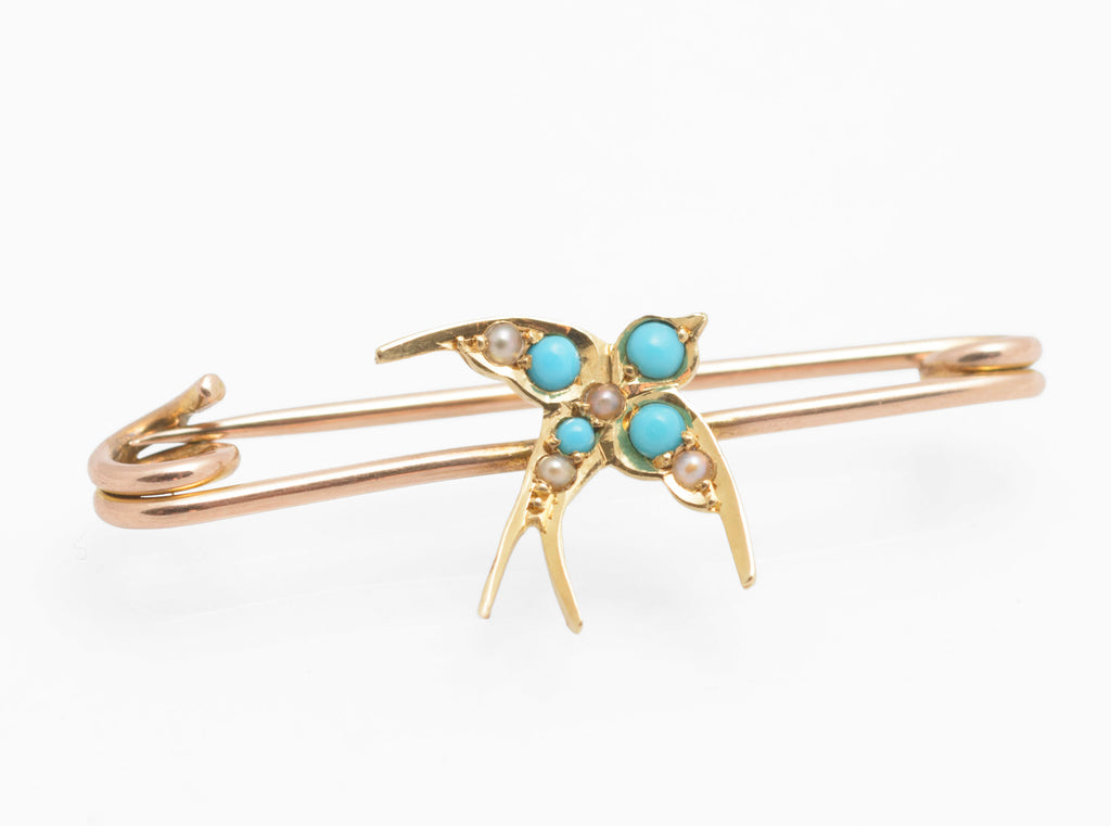Victorian 15ct gold swallow brooch - natural turquoise and split pearls - rear view showing 9ct rose gold safety pin mechanism and reverse of 15ct yellow gold swallow mount