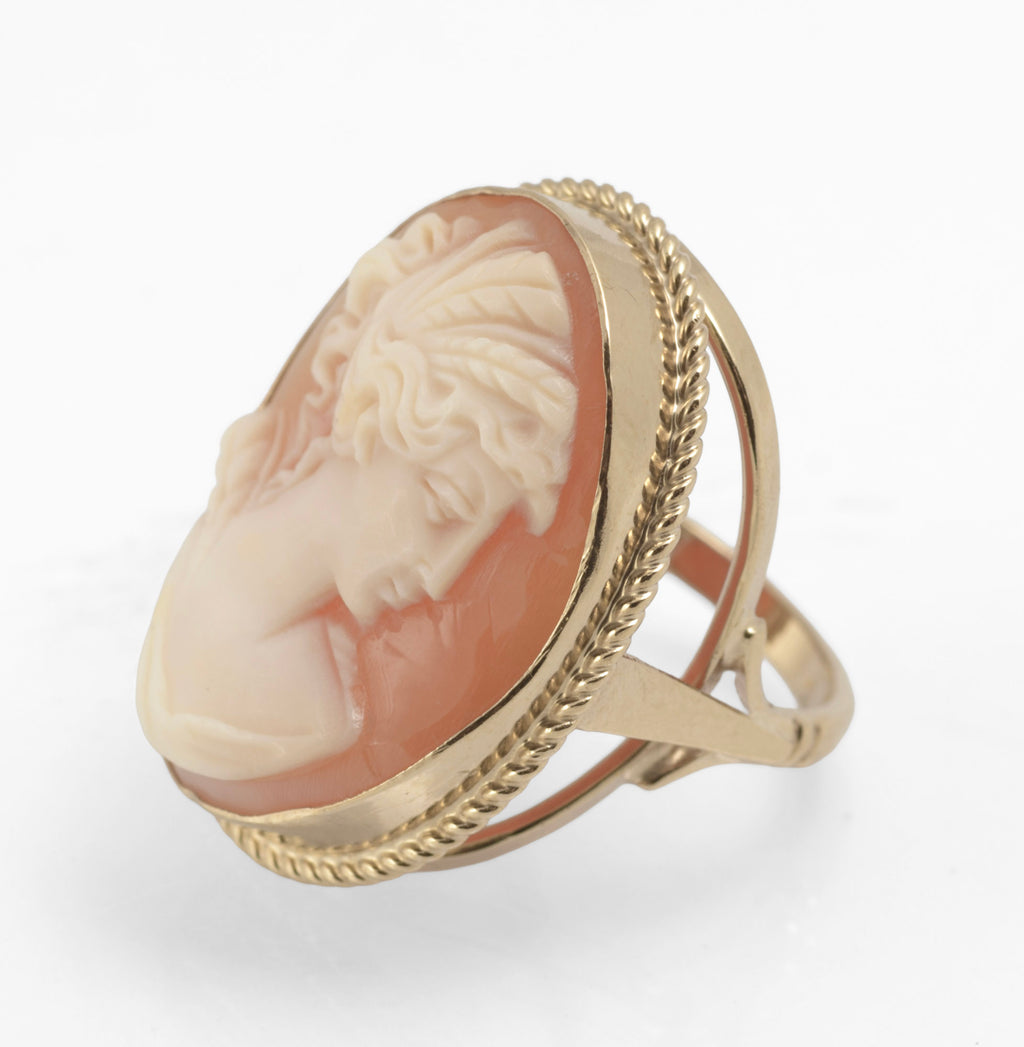 Vintage 9ct Gold Cameo Ring - Large Shell Portrait Cameo - Open Gallery Mount - UK Size K - C3038