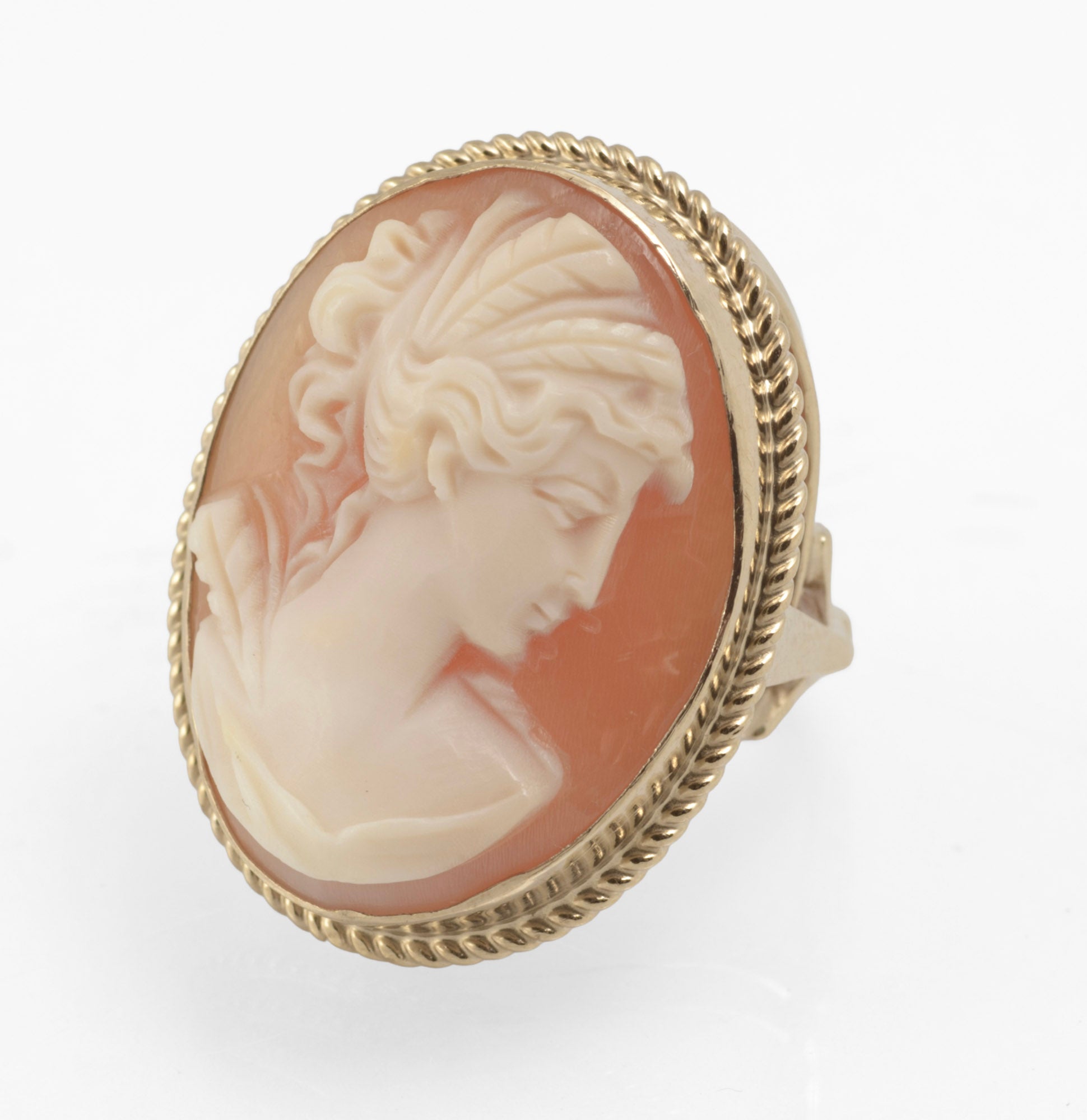 Vintage 9ct Gold Cameo Ring - Large Shell Portrait Cameo - Open Gallery Mount - UK Size K - C3038