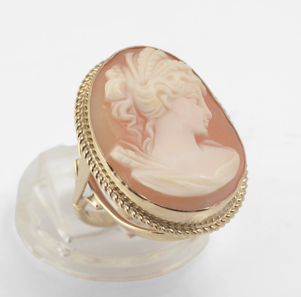 Vintage 9ct Gold Cameo Ring - Large Shell Portrait Cameo - Open Gallery Mount - UK Size K - C3038