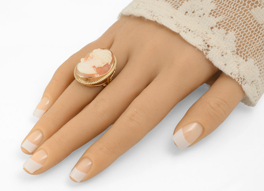 Vintage 9ct Gold Cameo Ring - Large Shell Portrait Cameo - Open Gallery Mount - UK Size K - C3038