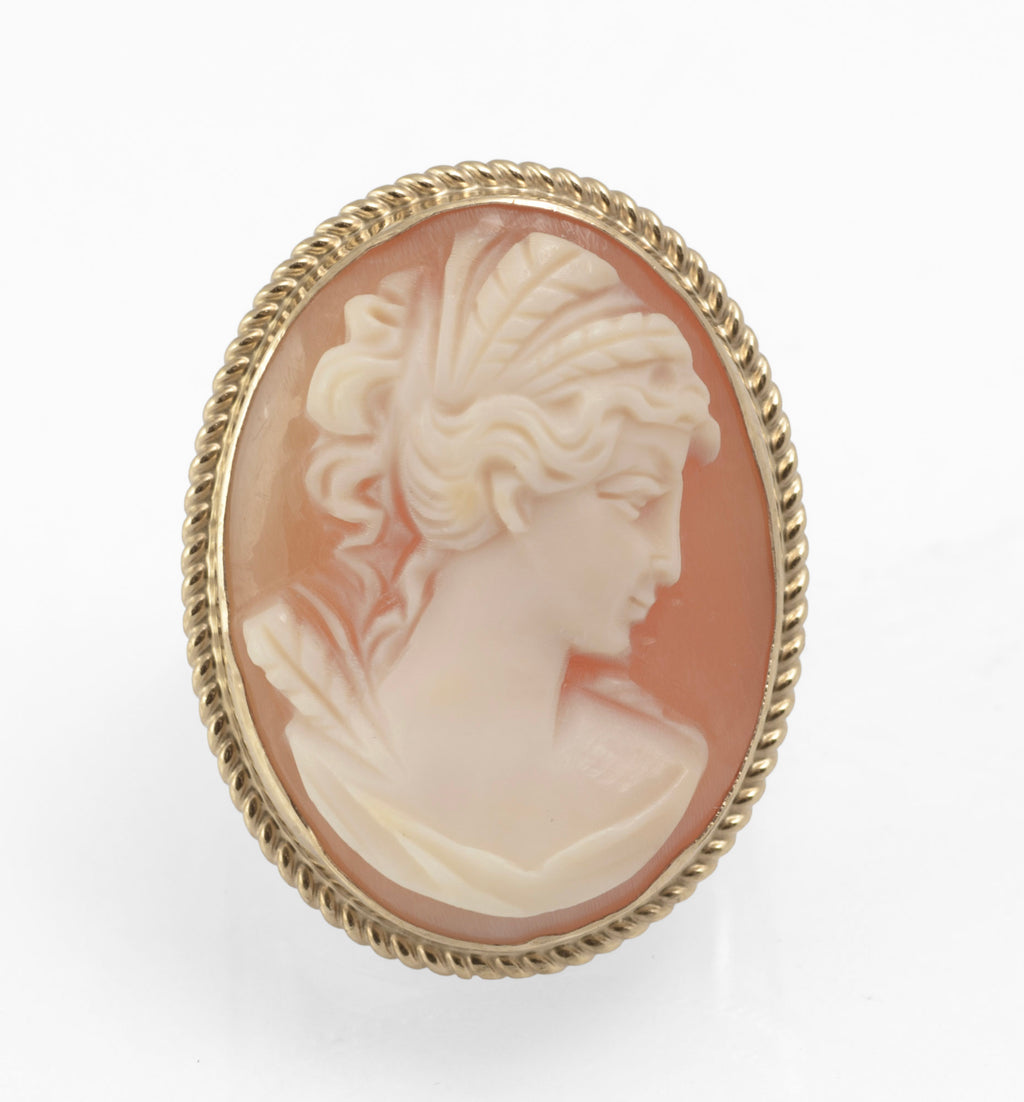 Vintage 9ct gold cameo ring - large carved shell portrait cameo - side profile view on white background showing depth of high relief carving and substantial polished gold bezel with rope twist border