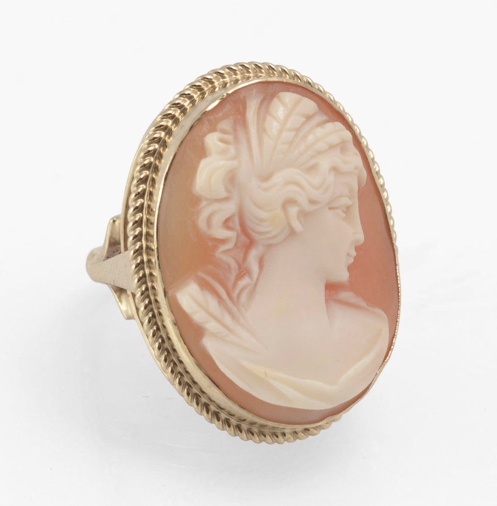 Vintage 9ct gold cameo ring - large carved shell portrait cameo - close up cameo detail showing fine hair strands swept back and pinned with loose curls at nape and clean facial profile