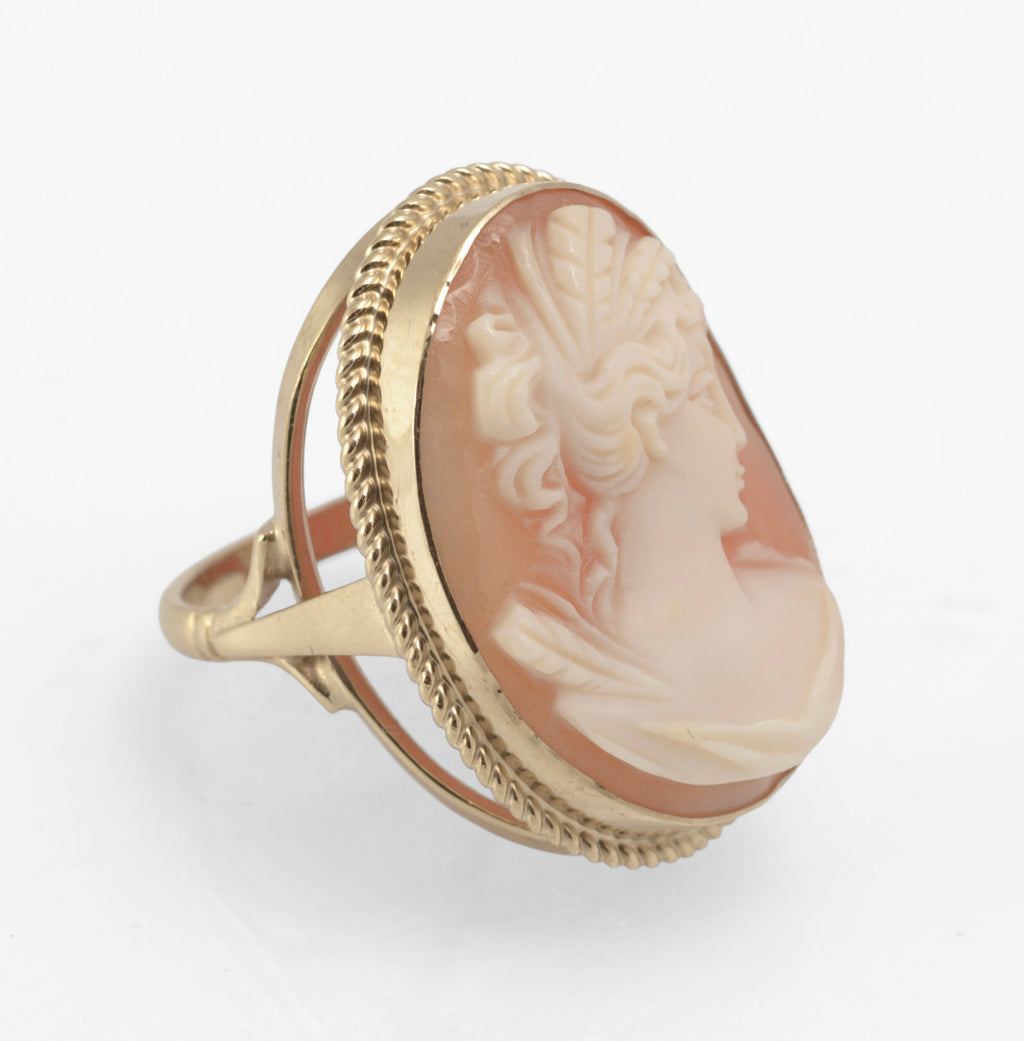 Vintage 9ct gold cameo ring - large carved shell portrait cameo - rear view on white background showing full open gallery construction with crossed supports and broad gold band with partial hallmark