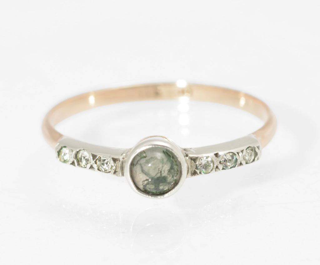 Art Deco moss agate ring - 9ct rose gold and silver - rear view showing open back of silver bezel and 9ct rose gold band with 9CT SIL mark visible inside band