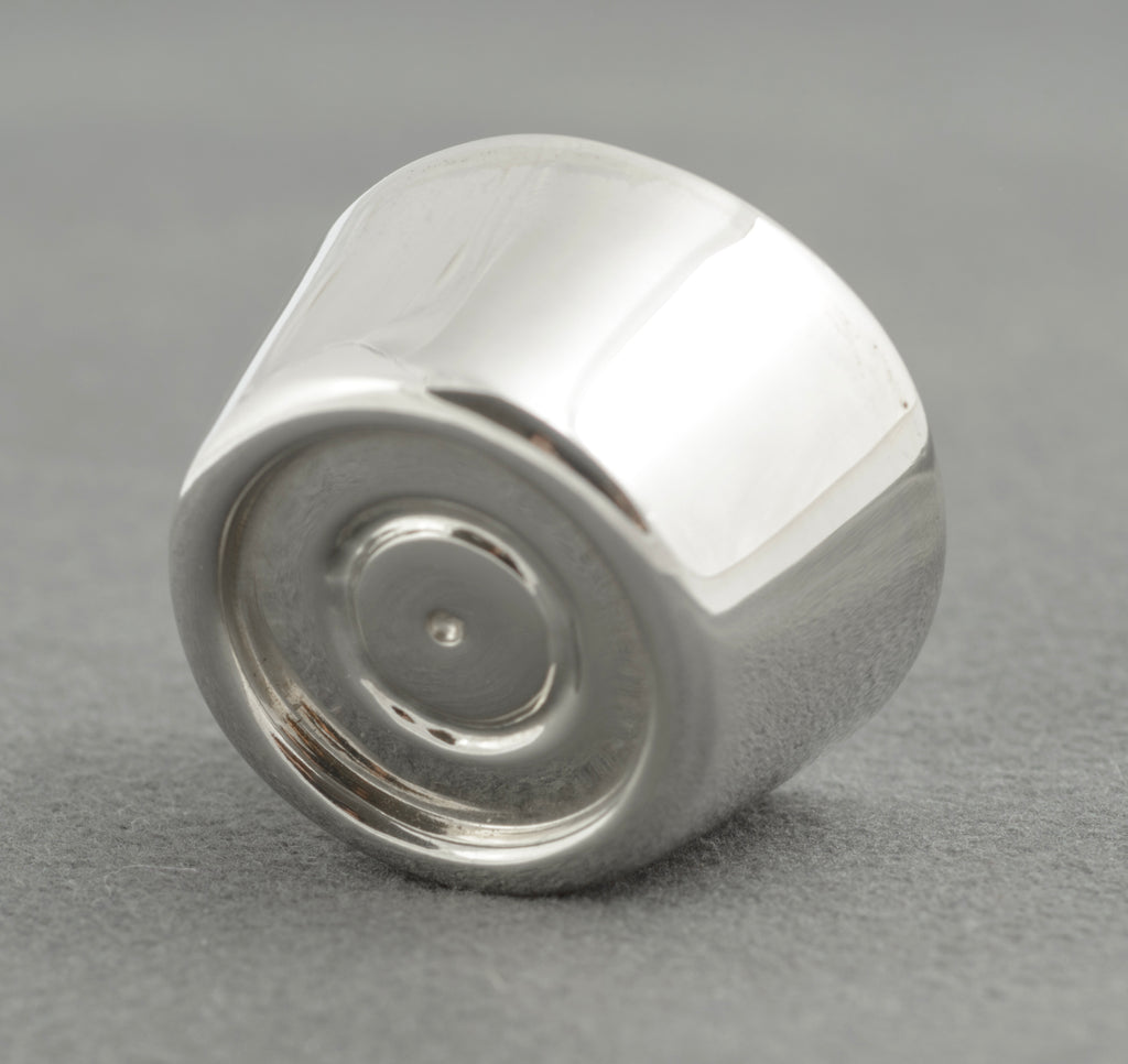 Sterling silver My Last Rolo keepsake - Sheffield 2005 - C. W. Sellors - top view of closed red cylindrical presentation box showing silver Rolo sitting in centre with My Last Rolo branding and C. W. Sellors text on white background