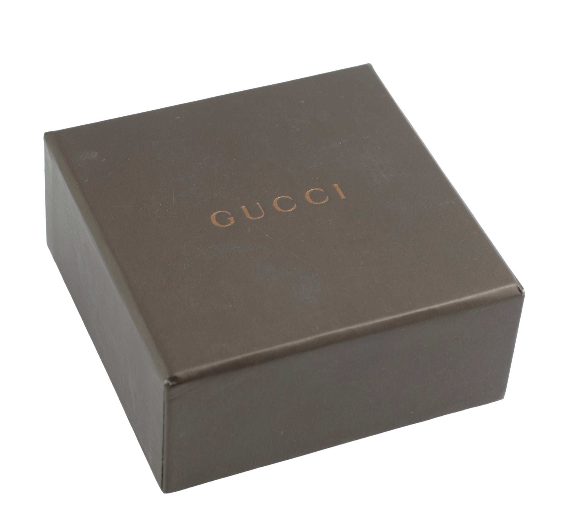 Gucci sterling silver chain link ring with heart charm - original dark chocolate brown Gucci presentation box closed showing embossed Gucci name on lid on white background