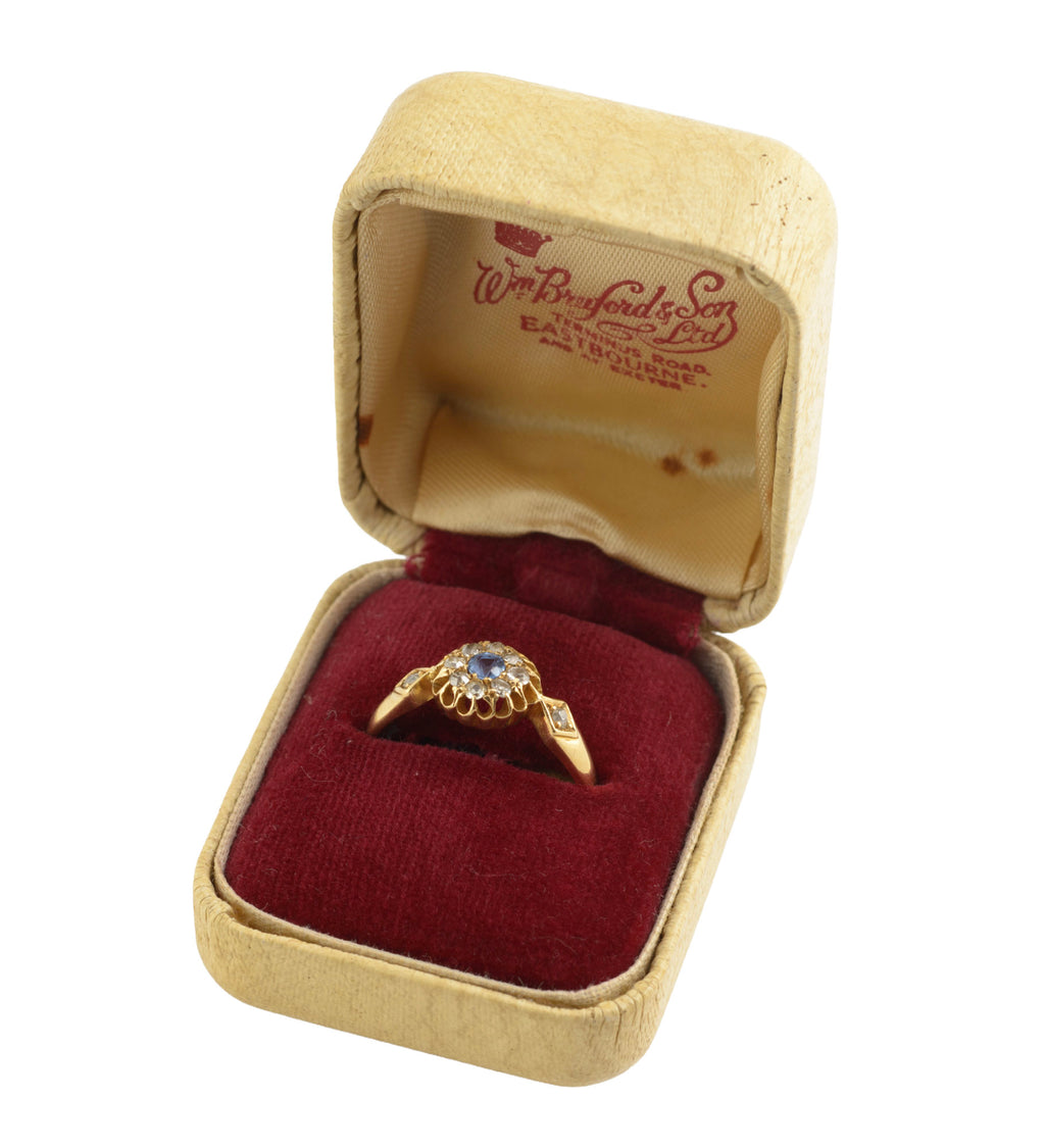 Antique 18ct Gold Sapphire & Diamond Cluster Ring - Buttercup Setting - UK Size N½ - C3046