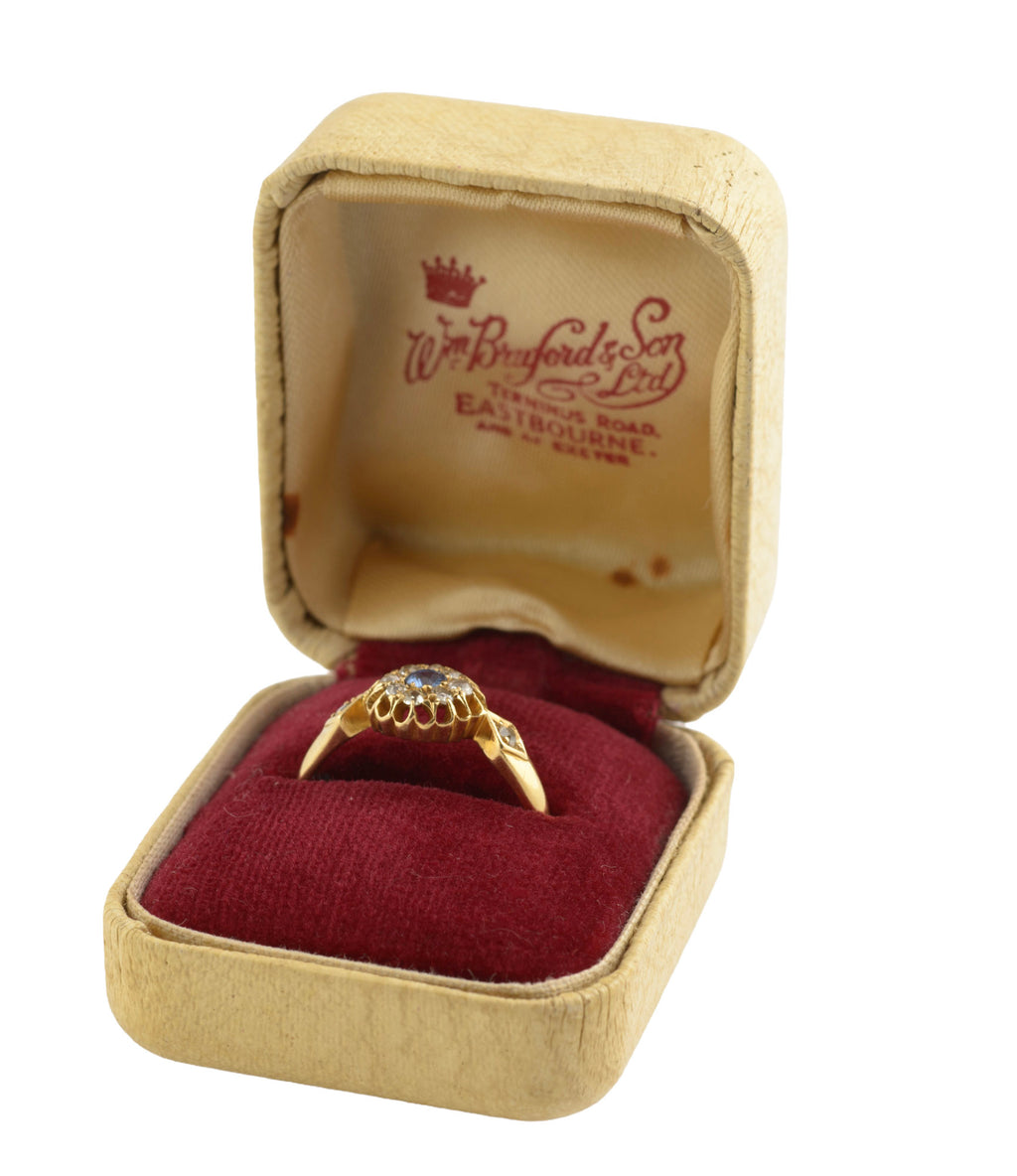 Antique 18ct Gold Sapphire & Diamond Cluster Ring - Buttercup Setting - UK Size N½ - C3046