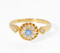 Antique 18ct gold sapphire and diamond cluster ring - side view showing buttercup setting and hallmark inside band