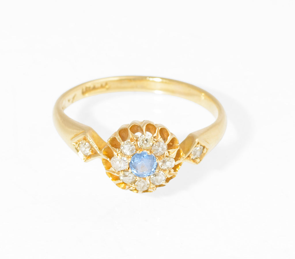 Antique 18ct gold sapphire and diamond cluster ring - reverse view showing open backed buttercup head