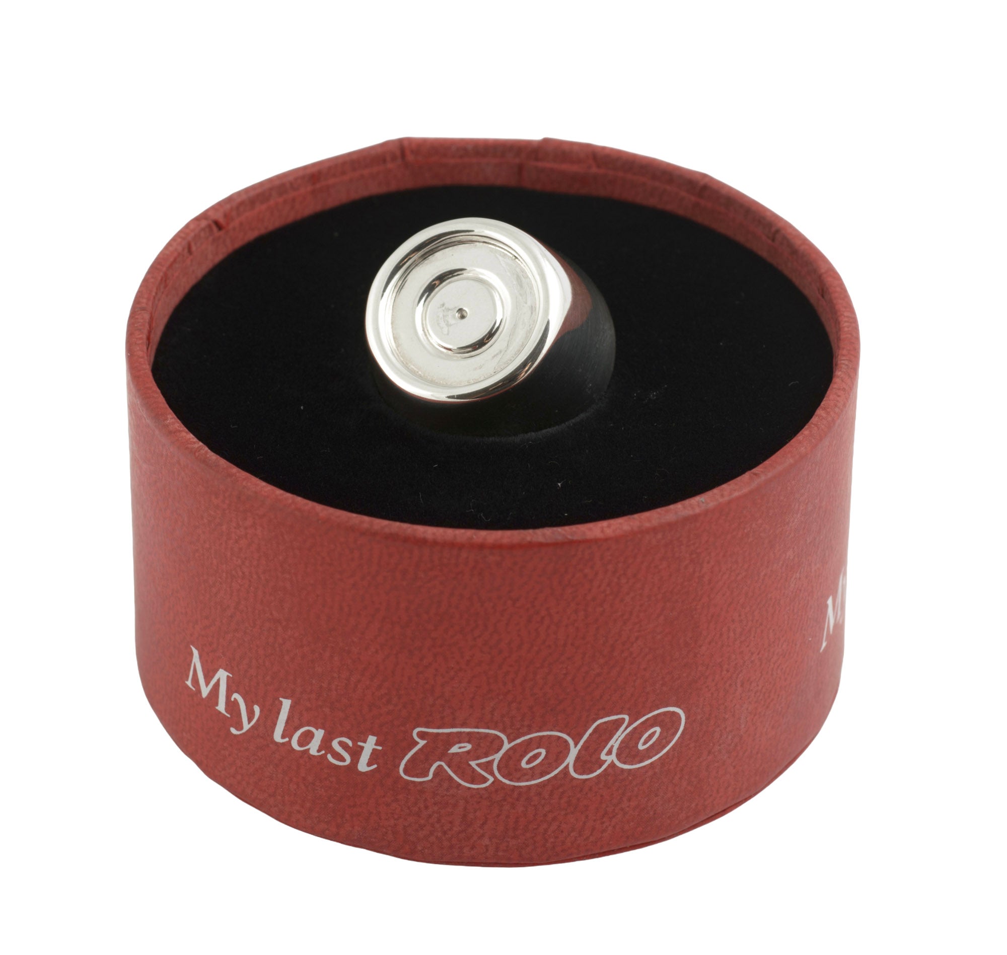 Sterling silver My Last Rolo keepsake - Sheffield 2003 - C. W. Sellors - silver Rolo sitting in open red cylindrical My Last Rolo presentation box showing My Last Rolo branding on box exterior on white background
