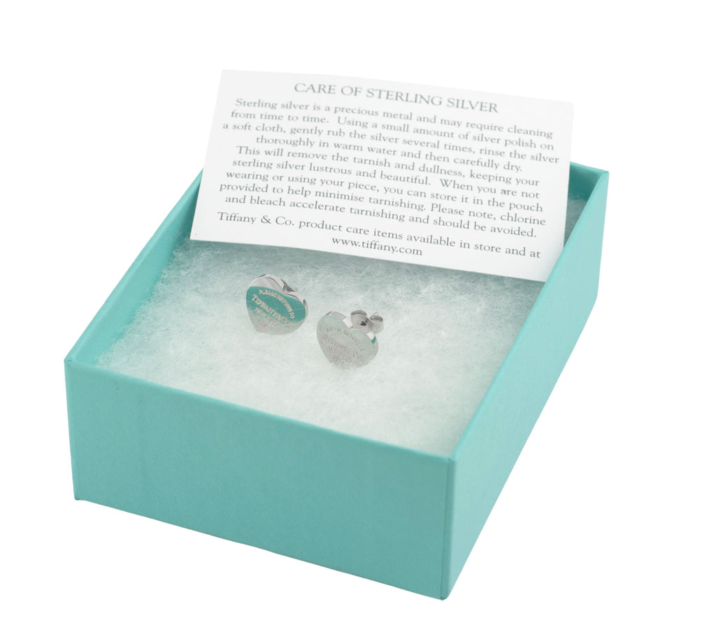 Tiffany and Co Return to Tiffany sterling silver heart stud earrings in original open Tiffany blue presentation box with white cotton fill and sterling silver care card