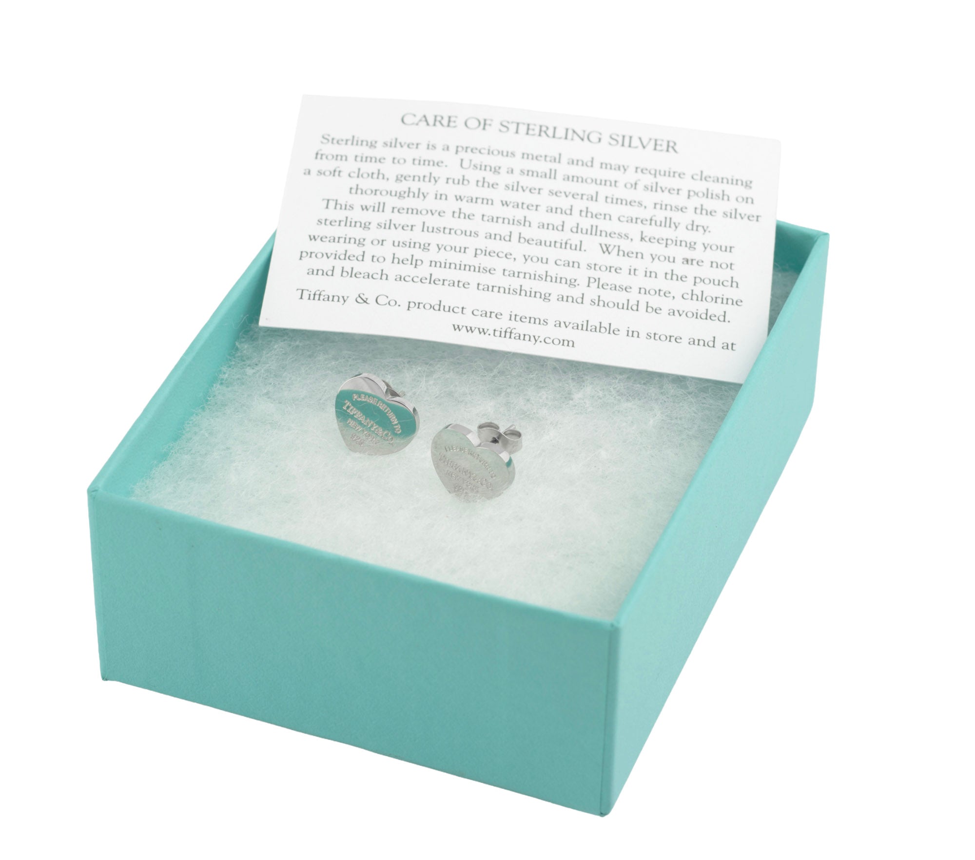 Tiffany and Co Return to Tiffany sterling silver heart stud earrings in original open Tiffany blue presentation box with white cotton fill and sterling silver care card