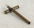 Sheaffer removable converter with red fill aperture alongside Sheaffer Targa 676 Classic fountain pen Gold Feather finish on linen background