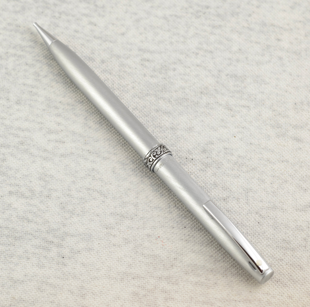 Original pale blue Lady Sheaffer hard shell fitted presentation case closed on linen background showing period wear to exterior blue finish