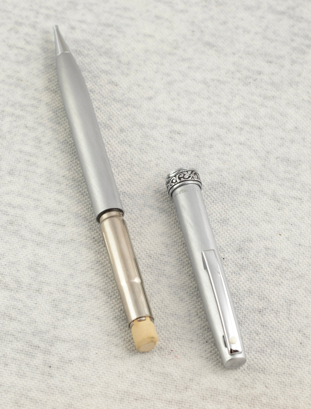 Lady Sheaffer 620 Florentine Fountain Pen and Pencil Set - Brushed Silver - Boxed - C3058
