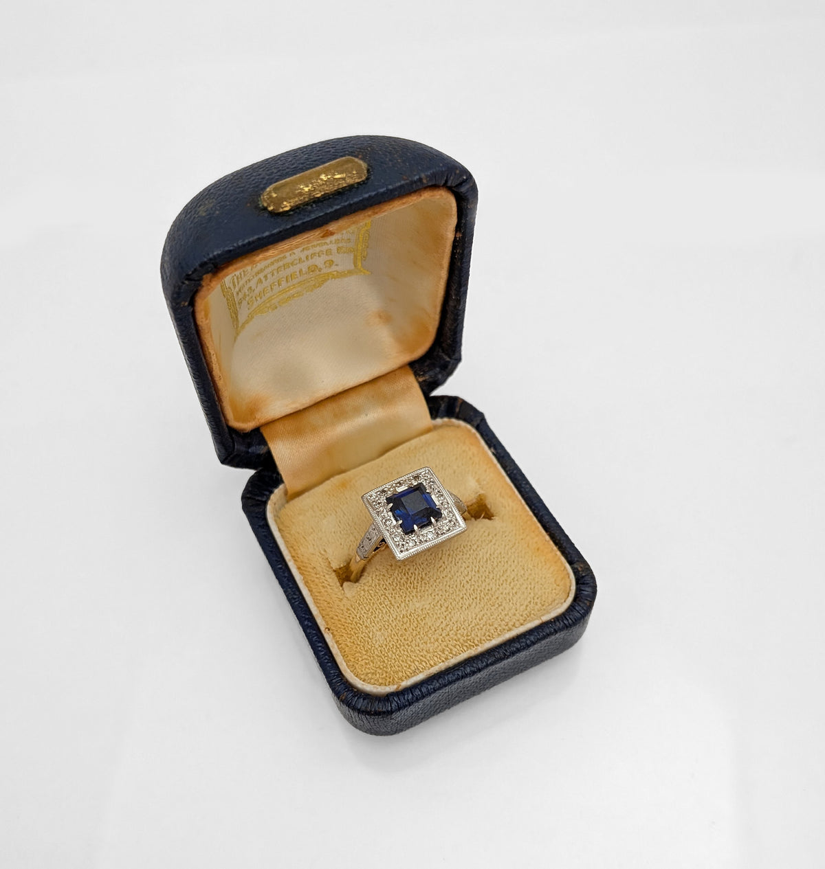 Art Deco 18ct Gold and Platinum Sapphire and Diamond Ring - Square Cut Royal Blue Sapphire - Milgrain Border - 18CT PLAT Mark - circa 1930 - UK Size N - C3069