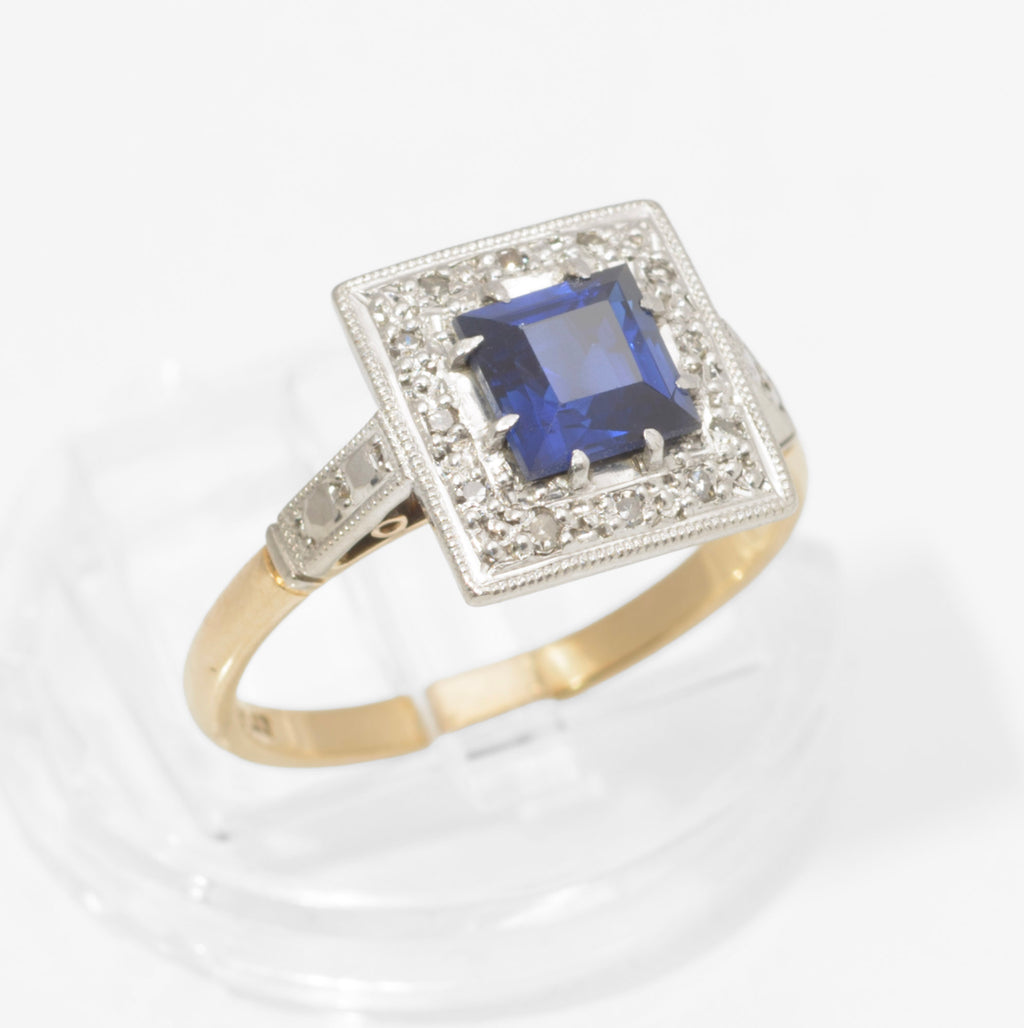 Art Deco 18ct Gold and Platinum Sapphire and Diamond Ring - Square Cut Royal Blue Sapphire - Milgrain Border - 18CT PLAT Mark - circa 1930 - UK Size N - C3069