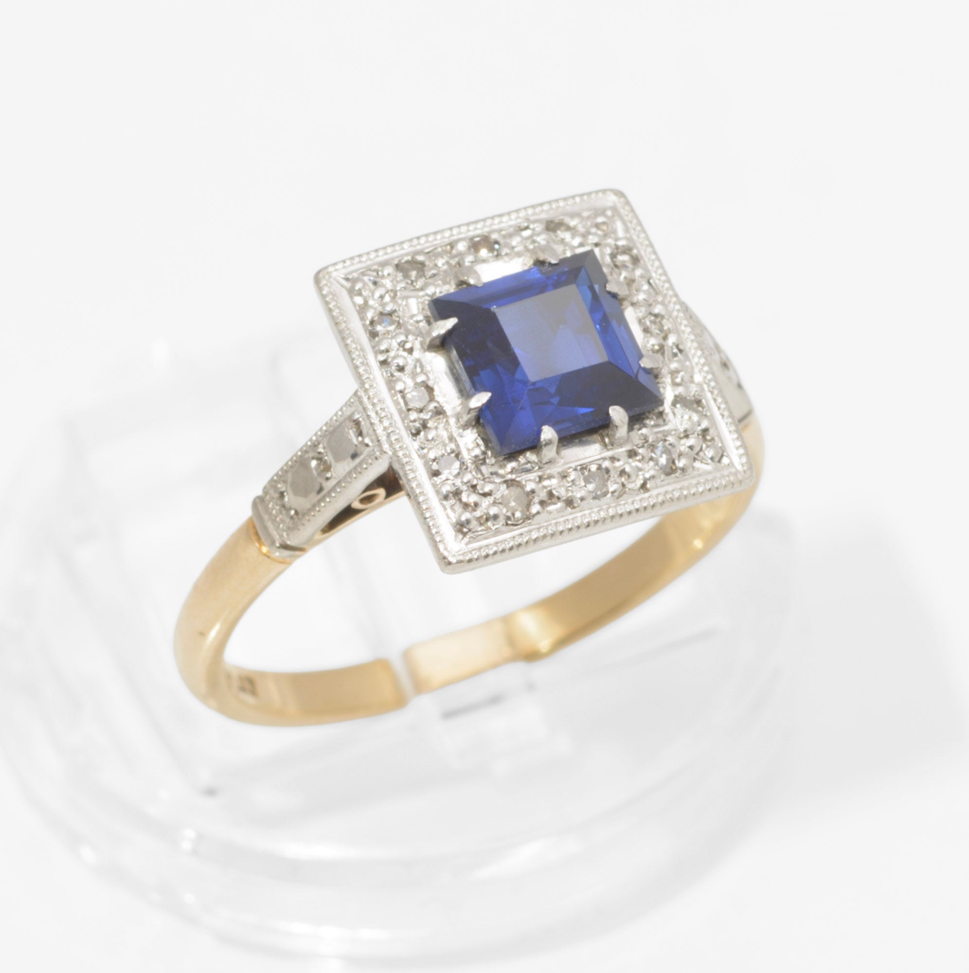 Art Deco 18ct Gold and Platinum Sapphire and Diamond Ring - Square Cut Royal Blue Sapphire - Milgrain Border - 18CT PLAT Mark - circa 1930 - UK Size N - C3069