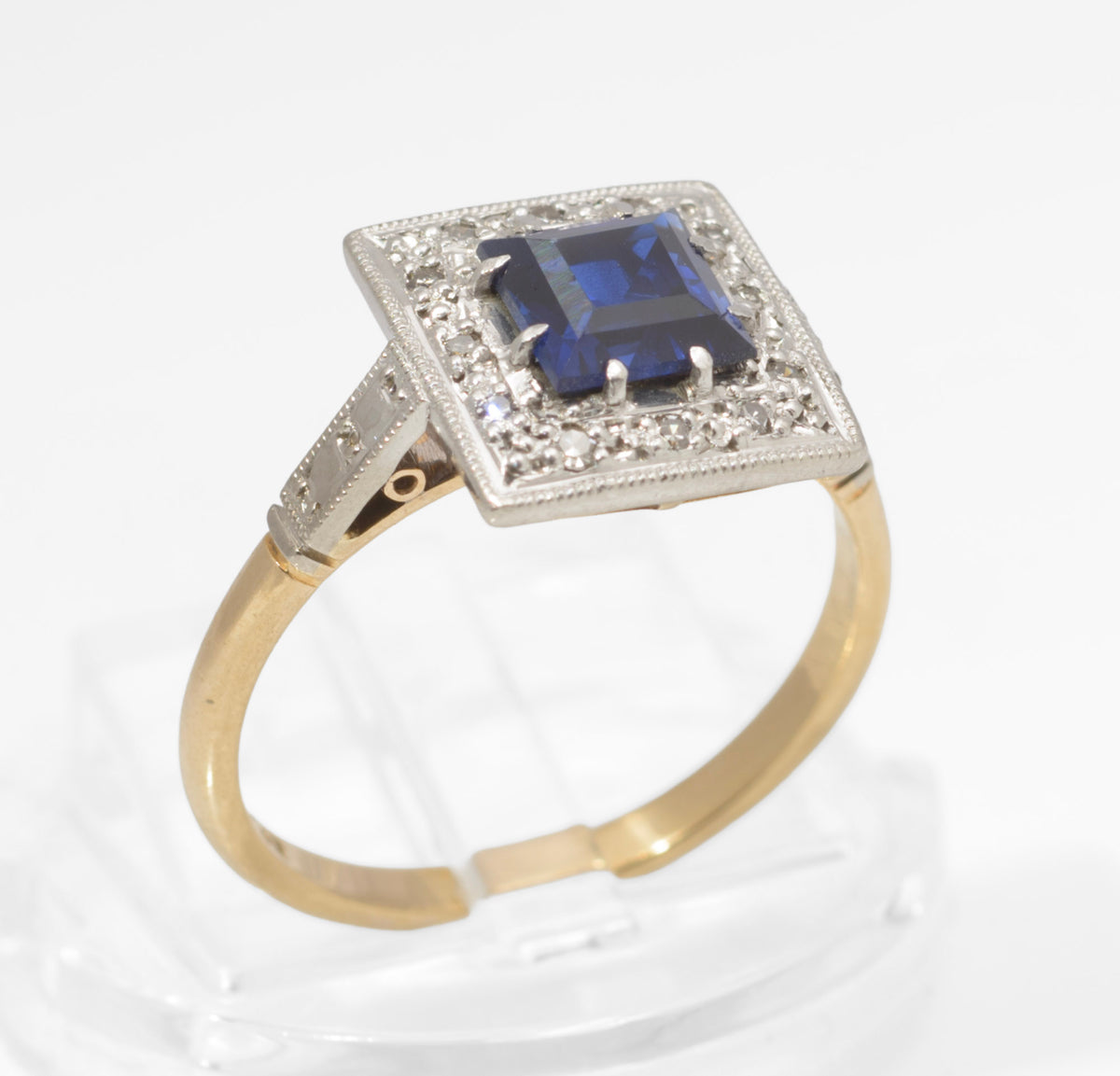 Art Deco 18ct Gold and Platinum Sapphire and Diamond Ring - Square Cut Royal Blue Sapphire - Milgrain Border - 18CT PLAT Mark - circa 1930 - UK Size N - C3069