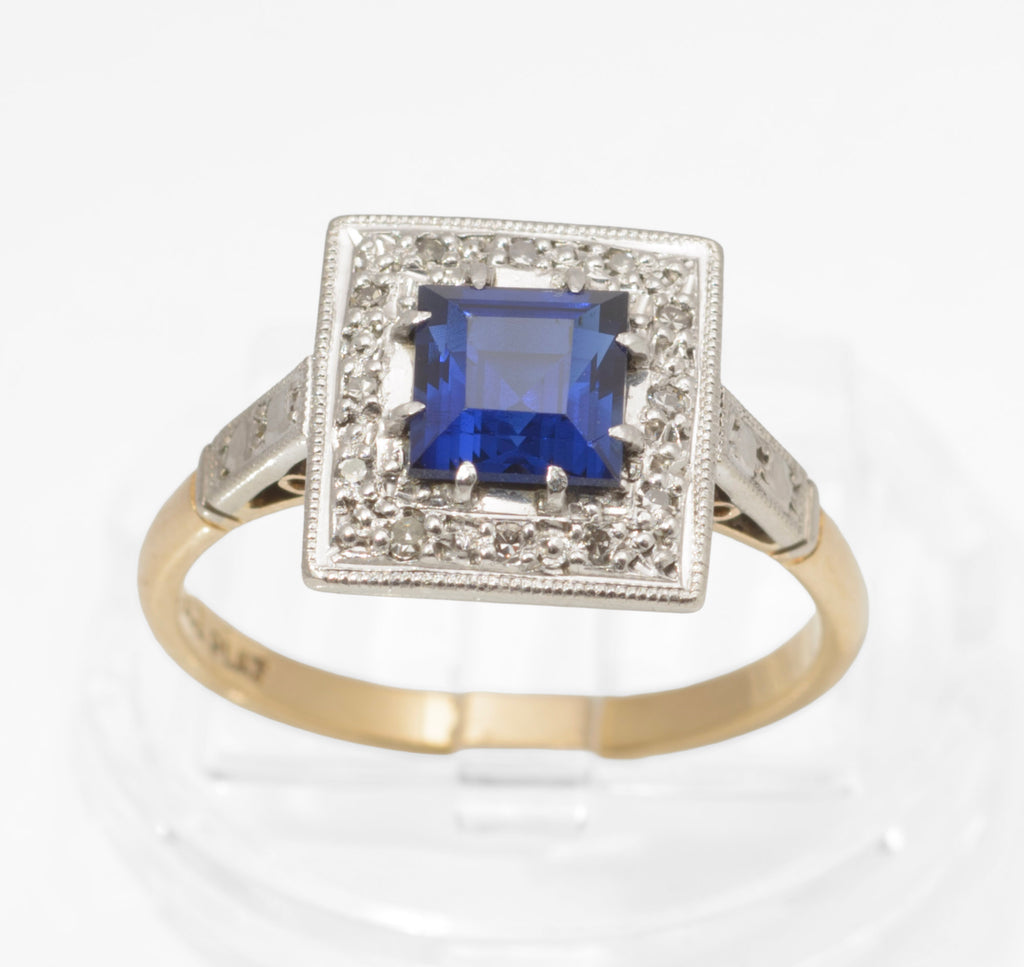 Art Deco 18ct Gold and Platinum Sapphire and Diamond Ring - Square Cut Royal Blue Sapphire - Milgrain Border - 18CT PLAT Mark - circa 1930 - UK Size N - C3069
