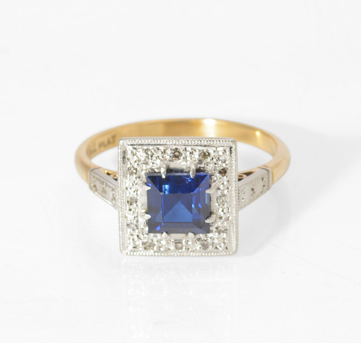 Art Deco 18ct Gold and Platinum Sapphire and Diamond Ring - Square Cut Royal Blue Sapphire - Milgrain Border - 18CT PLAT Mark - circa 1930 - UK Size N - C3069