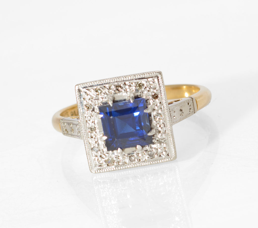 Art Deco 18ct Gold and Platinum Sapphire and Diamond Ring - Square Cut Royal Blue Sapphire - Milgrain Border - 18CT PLAT Mark - circa 1930 - UK Size N - C3069
