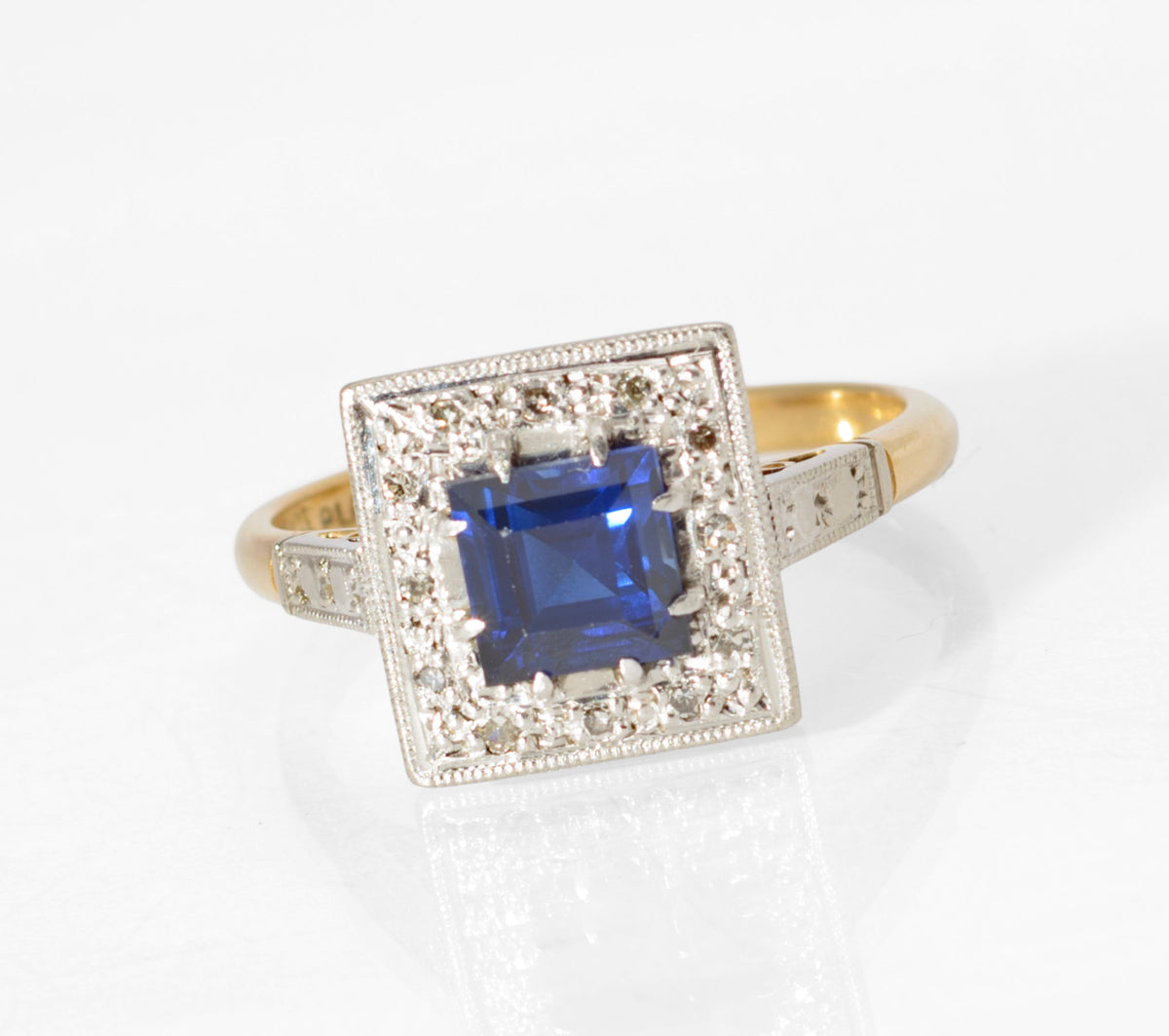 Art Deco 18ct Gold and Platinum Sapphire and Diamond Ring - Square Cut Royal Blue Sapphire - Milgrain Border - 18CT PLAT Mark - circa 1930 - UK Size N - C3069