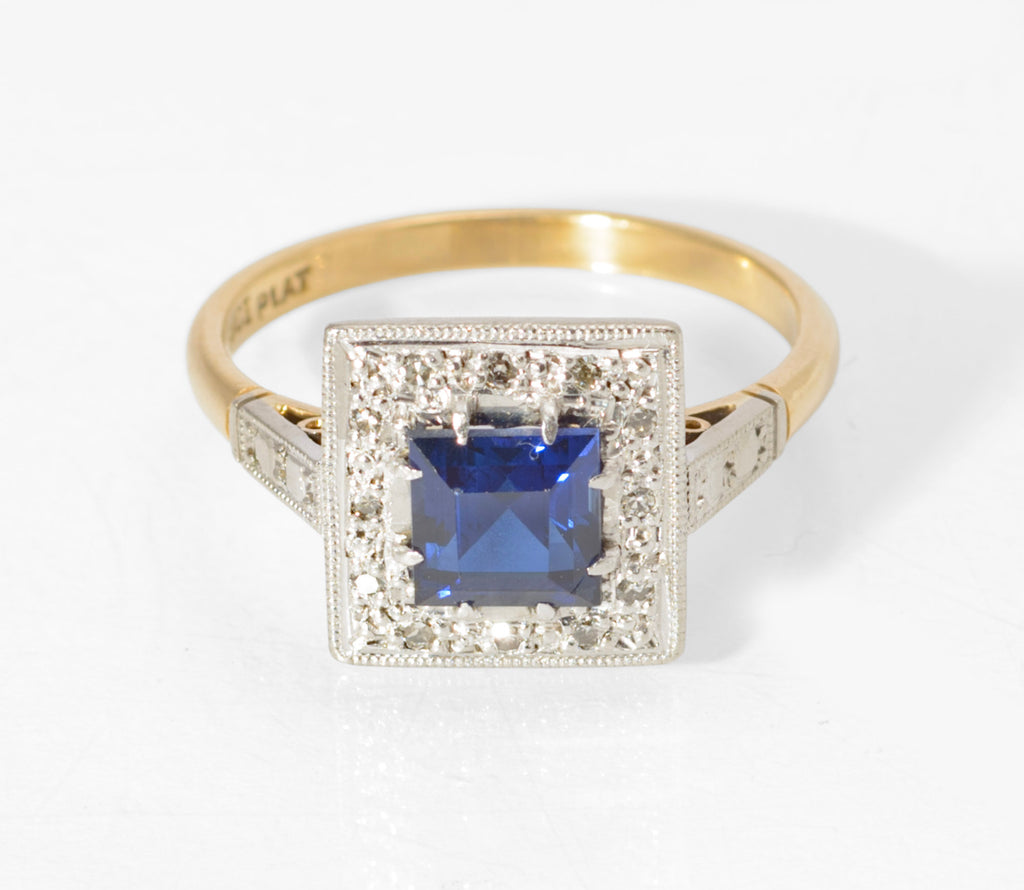 Art Deco 18ct Gold and Platinum Sapphire and Diamond Ring - Square Cut Royal Blue Sapphire - Milgrain Border - 18CT PLAT Mark - circa 1930 - UK Size N - C3069