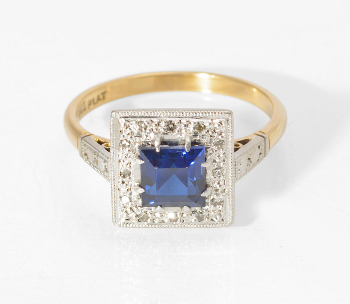 Art Deco 18ct Gold and Platinum Sapphire and Diamond Ring - Square Cut Royal Blue Sapphire - Milgrain Border - 18CT PLAT Mark - circa 1930 - UK Size N - C3069