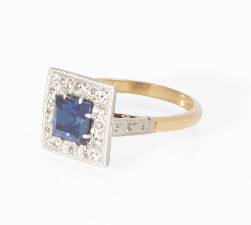 Art Deco 18ct Gold and Platinum Sapphire and Diamond Ring - Square Cut Royal Blue Sapphire - Milgrain Border - 18CT PLAT Mark - circa 1930 - UK Size N - C3069