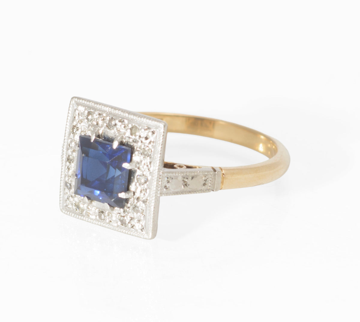 Art Deco 18ct Gold and Platinum Sapphire and Diamond Ring - Square Cut Royal Blue Sapphire - Milgrain Border - 18CT PLAT Mark - circa 1930 - UK Size N - C3069