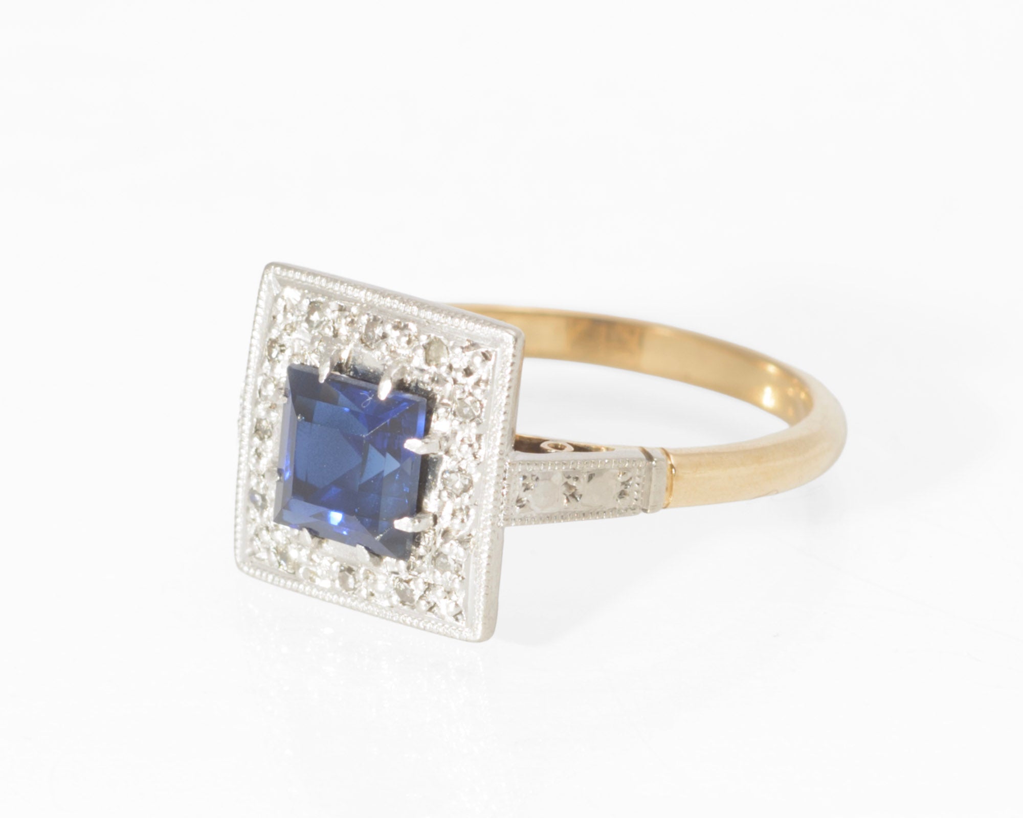 Art Deco 18ct Gold and Platinum Sapphire and Diamond Ring - Square Cut Royal Blue Sapphire - Milgrain Border - 18CT PLAT Mark - circa 1930 - UK Size N - C3069