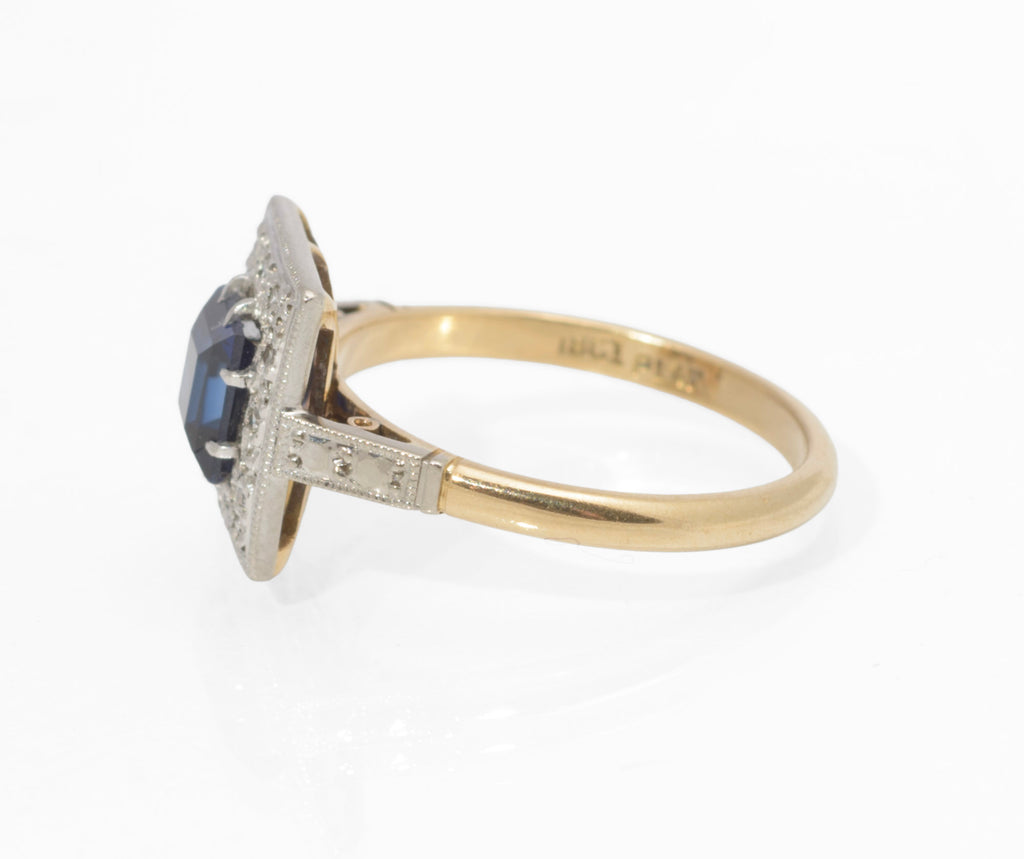 Art Deco 18ct Gold and Platinum Sapphire and Diamond Ring - Square Cut Royal Blue Sapphire - Milgrain Border - 18CT PLAT Mark - circa 1930 - UK Size N - C3069