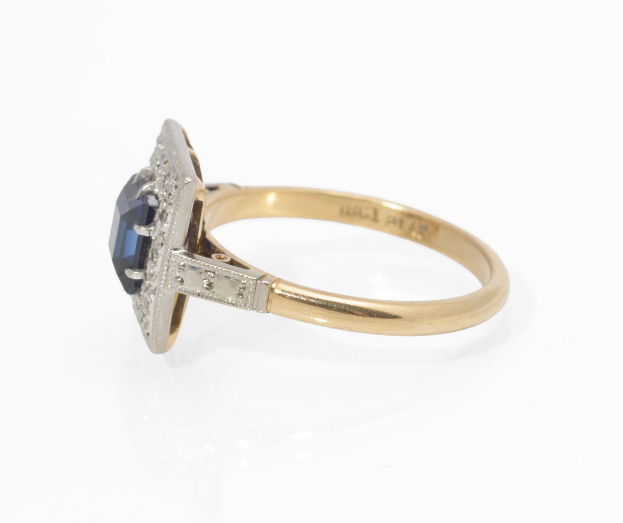 Art Deco 18ct Gold and Platinum Sapphire and Diamond Ring - Square Cut Royal Blue Sapphire - Milgrain Border - 18CT PLAT Mark - circa 1930 - UK Size N - C3069