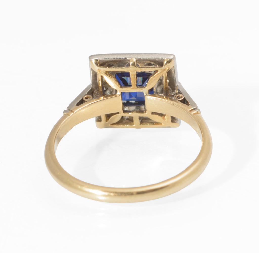 Art Deco 18ct Gold and Platinum Sapphire and Diamond Ring - Square Cut Royal Blue Sapphire - Milgrain Border - 18CT PLAT Mark - circa 1930 - UK Size N - C3069