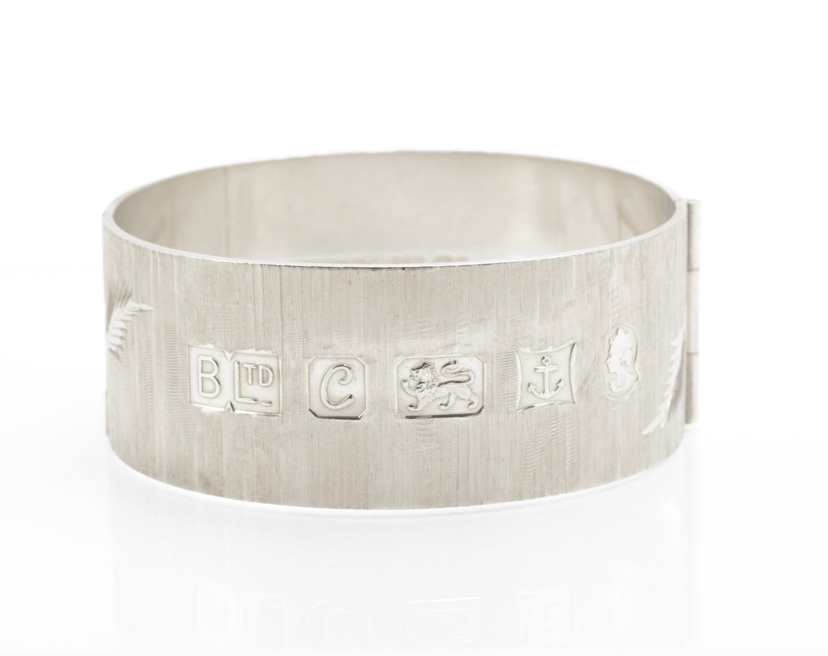 Vintage Sterling Silver Bangle - Bracelon Birmingham Ltd - Feature Hallmarks - Bright Cut Fern Leaves - Patented Spigot Fastening - Birmingham 1977 - C3071