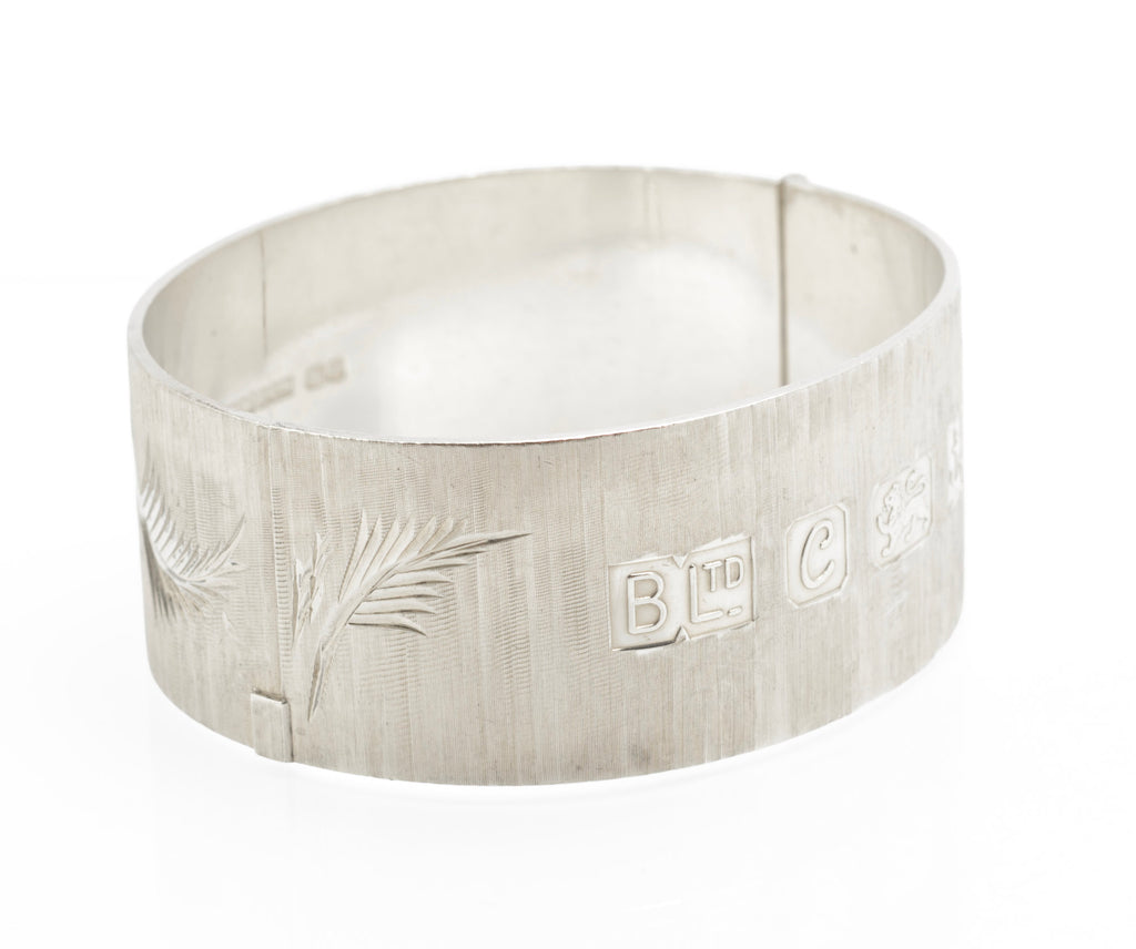 Vintage Sterling Silver Bangle - Bracelon Birmingham Ltd - Feature Hallmarks - Bright Cut Fern Leaves - Patented Spigot Fastening - Birmingham 1977 - C3071