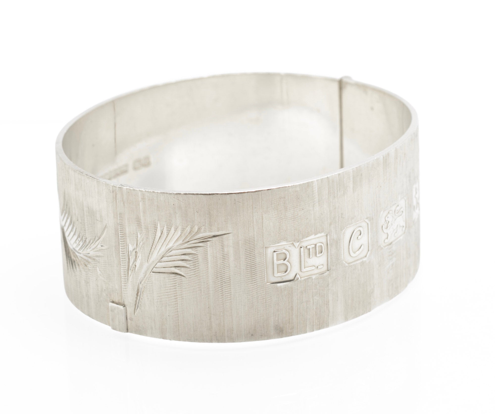 Vintage Sterling Silver Bangle - Bracelon Birmingham Ltd - Feature Hallmarks - Bright Cut Fern Leaves - Patented Spigot Fastening - Birmingham 1977 - C3071