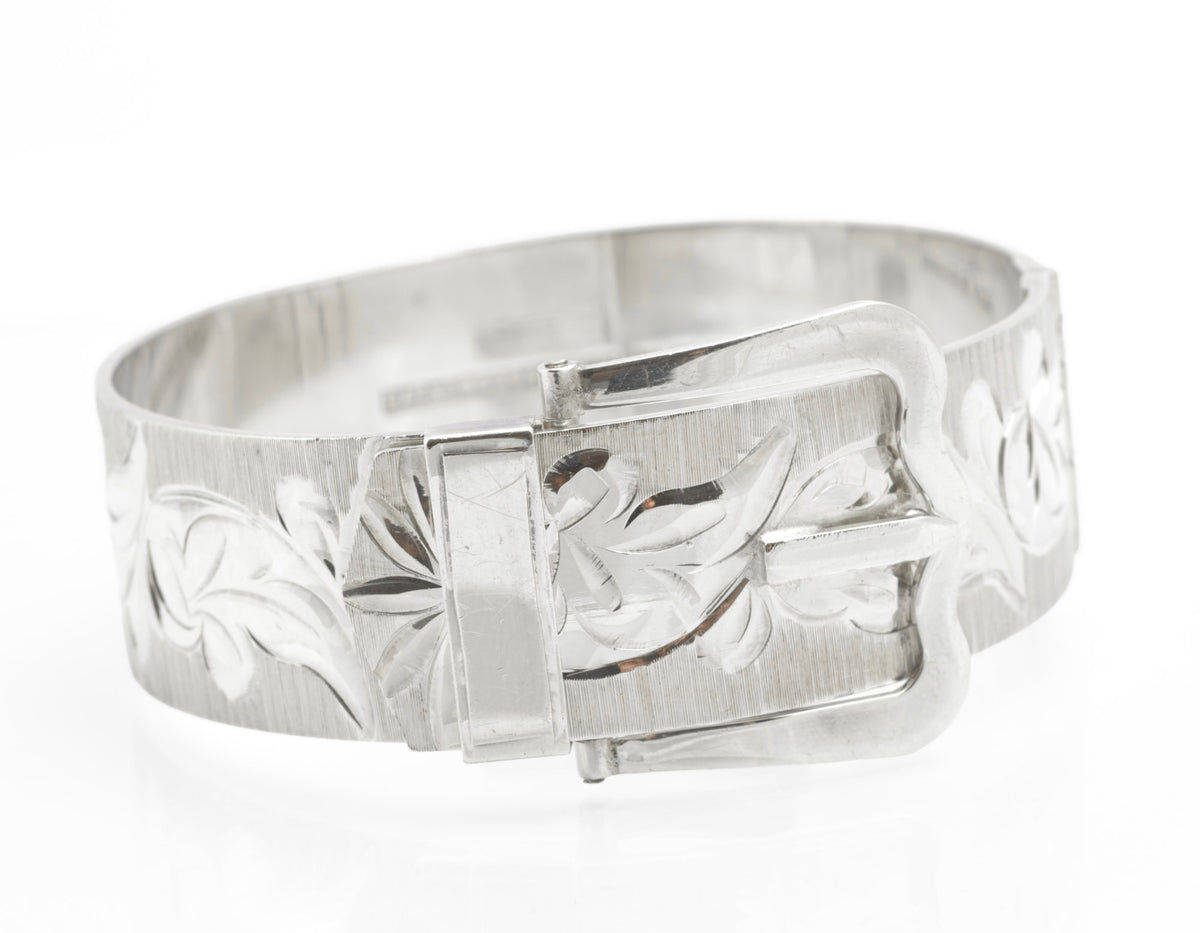 Vintage Sterling Silver Buckle Bangle - Bracelon - Bright Cut Foliate Decoration - Patented Buckle Fastening - Birmingham 1976 - 49.6g - C3072