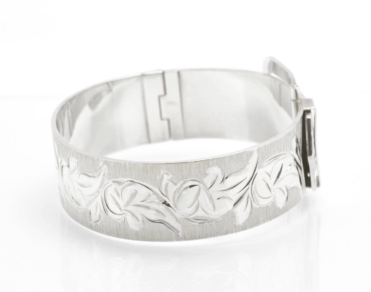 Vintage Sterling Silver Buckle Bangle - Bracelon - Bright Cut Foliate Decoration - Patented Buckle Fastening - Birmingham 1976 - 49.6g - C3072