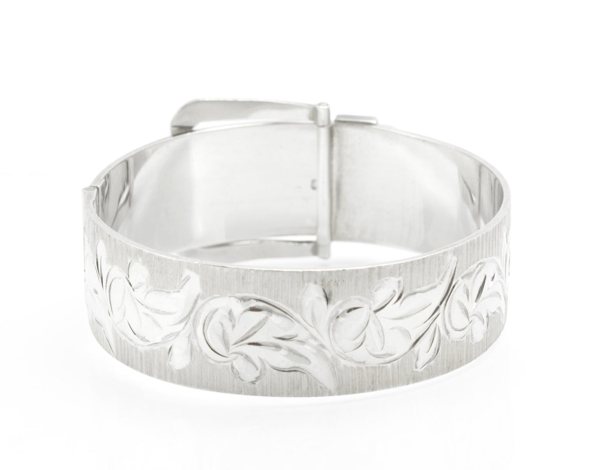 Vintage Sterling Silver Buckle Bangle - Bracelon - Bright Cut Foliate Decoration - Patented Buckle Fastening - Birmingham 1976 - 49.6g - C3072
