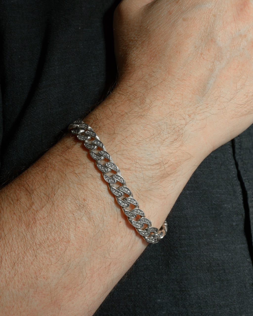 Vintage sterling silver CZ set curb chain bracelet, back view showing reverse of links and clasp detail
