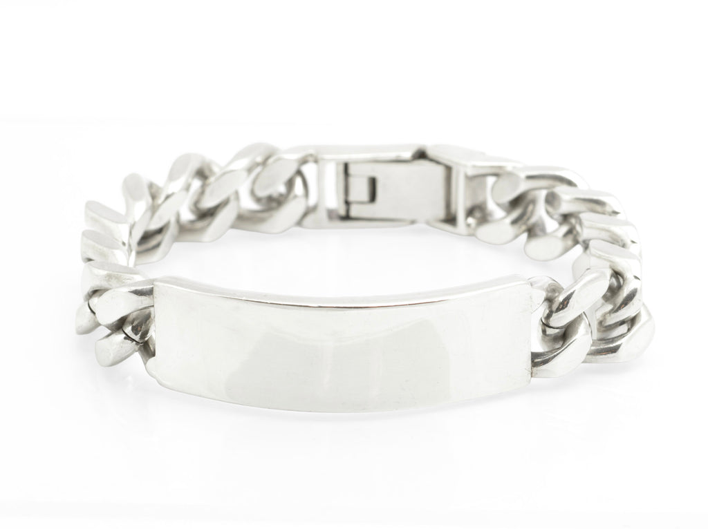 Vintage sterling silver ID bracelet close up of heavy folding box clasp showing construction and mechanism detail