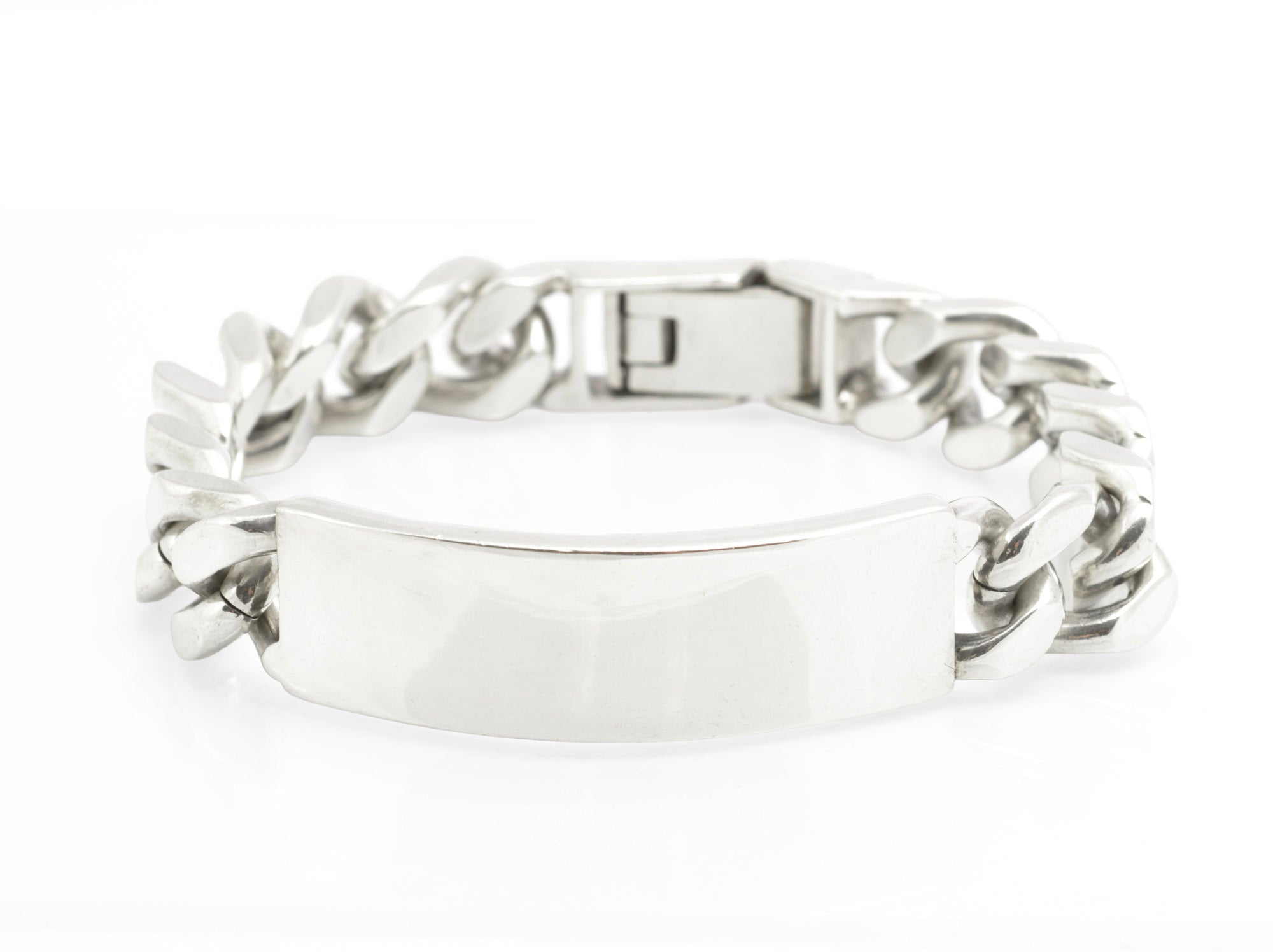 Vintage sterling silver ID bracelet close up of heavy folding box clasp showing construction and mechanism detail