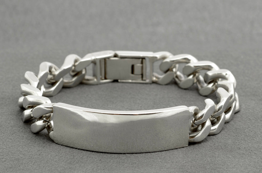 Vintage sterling silver ID bracelet reverse view showing 925 mark to ID panel and Sheffield import hallmark 1979