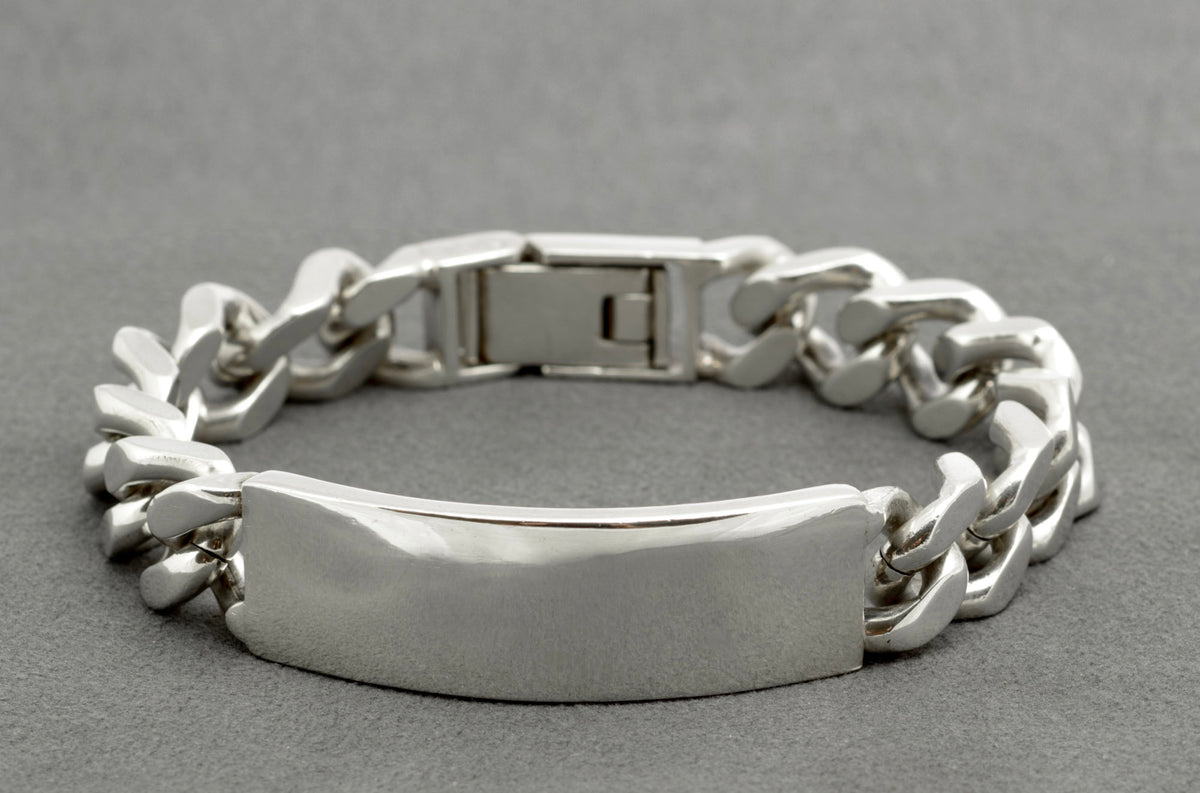 Vintage sterling silver ID bracelet reverse view showing 925 mark to ID panel and Sheffield import hallmark 1979
