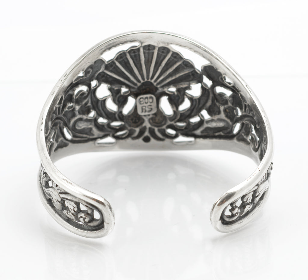 Vintage Yogya Silver Cuff Bangle Pierced Peacock Foliate Design 800 Silver Mid 20th Century - C3083
