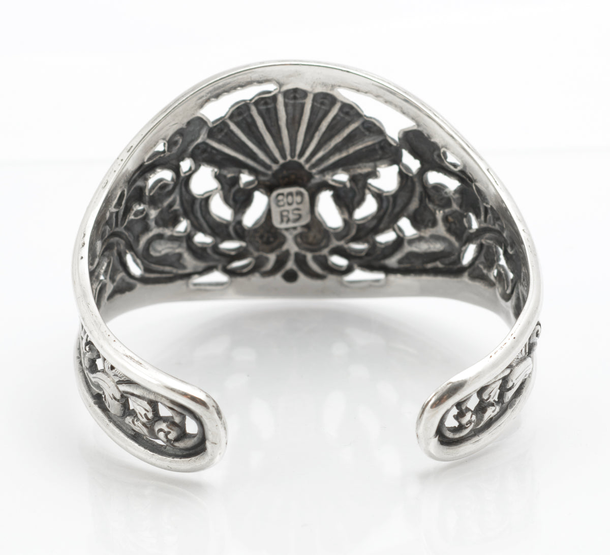 Vintage Yogya Silver Cuff Bangle Pierced Peacock Foliate Design 800 Silver Mid 20th Century - C3083